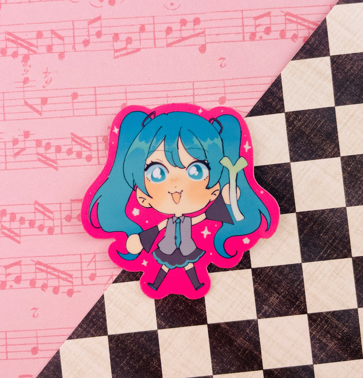 hatsune miku holding a leek on a hot pink background (sticker)