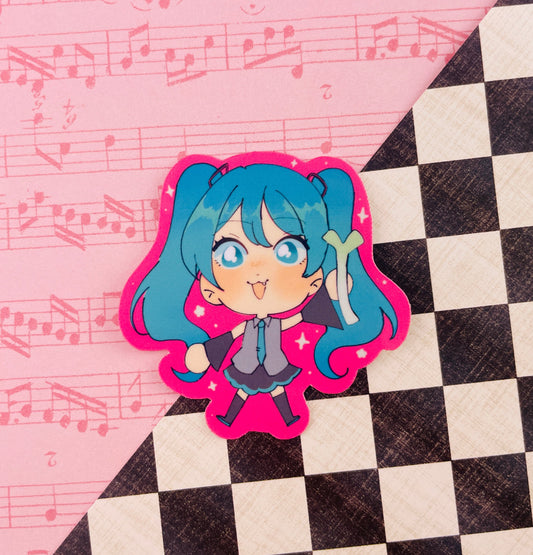 hatsune miku holding a leek on a hot pink background (sticker)